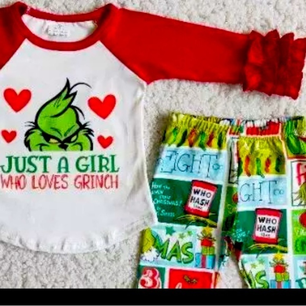 Handmade Boutique Kid’s 4T Christmas SET Top & Pants Grinch Girl’s Bellbottoms - Picture 3 of 5